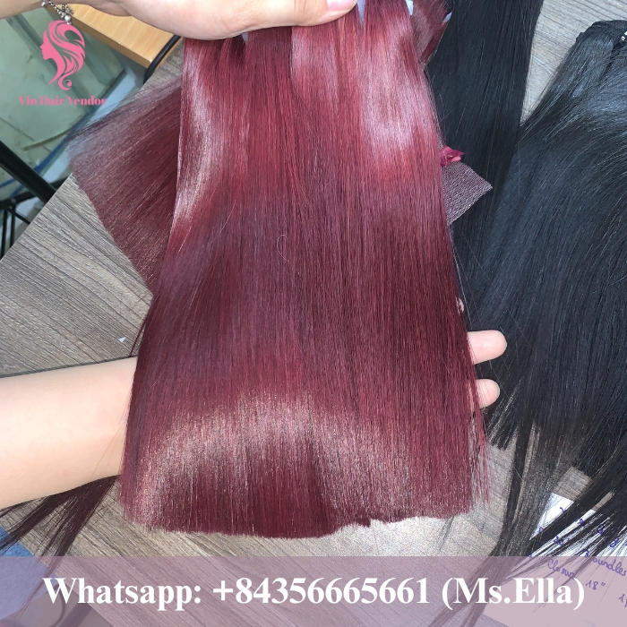 Raw hair weft bone straight burgundy color